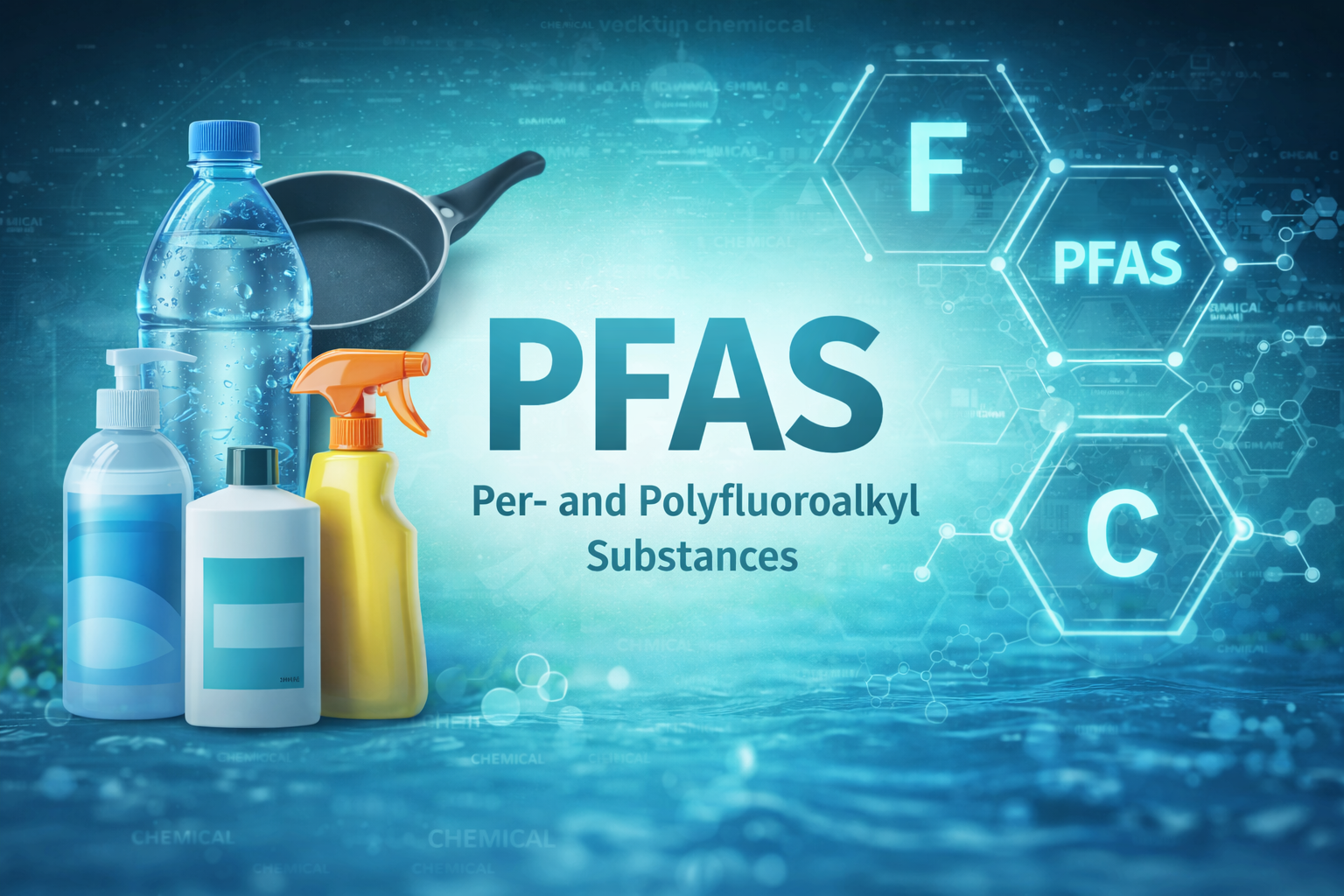 Image illustrating PFAS in common products with chemical symbols and a scientific background.